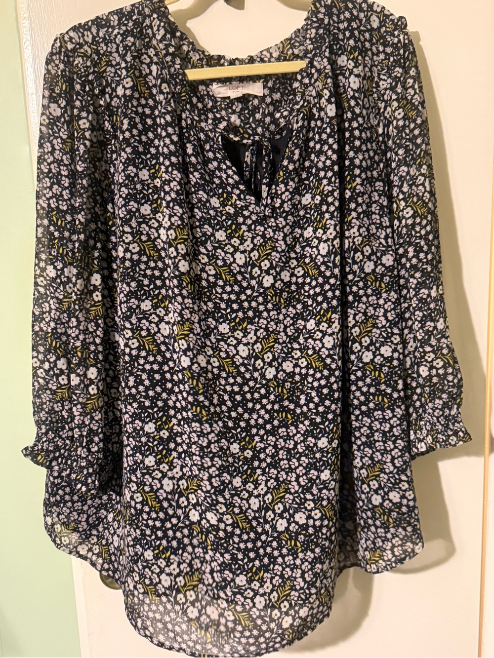 Floral Tie-Neck Blouse - Black with White & Pink